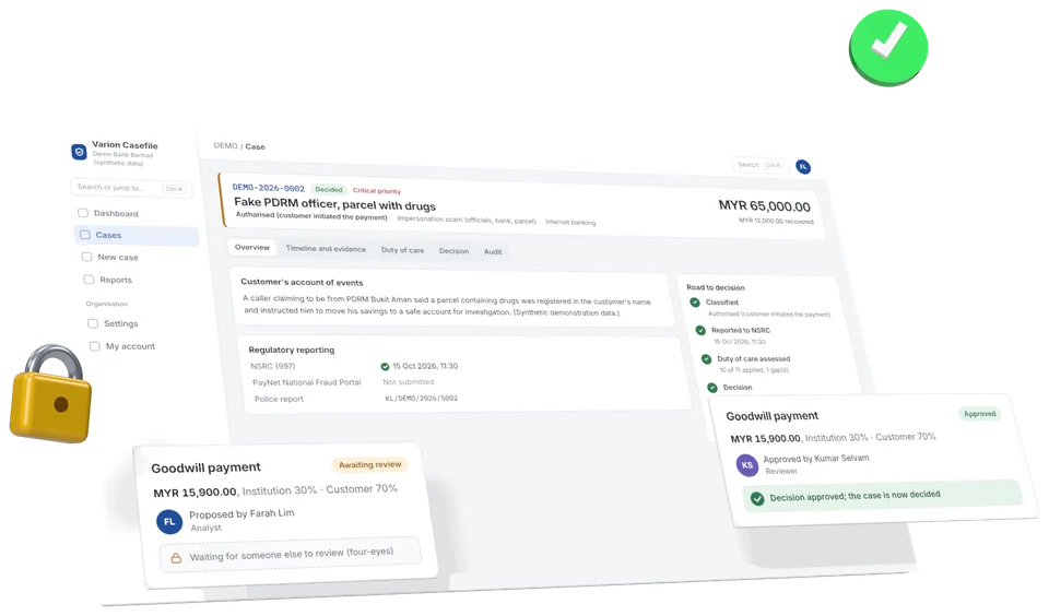 Varion Casefile in 3D: a decided scam case, the proposal its proposer could not approve, and the approval by a second person. Synthetic data.